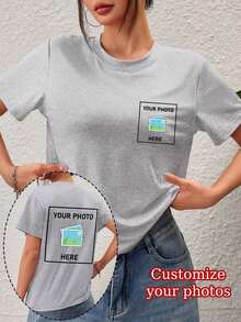 Personalized Women's T-Shirt - Add Your Text And Photos (Landscape/Badge/Couple/Family/Selfie/Pet), Printable On The Front And Back, Suitable For Summer Travel, Girlfriend Gift, Personalized Women's T-Shirt, Women's Top, Fashion, Casual, Minimalist, Personalized, Unique, Men's Clothing, Black Capsule Wardrobe, For The Family - 淺灰色 - 查看 2