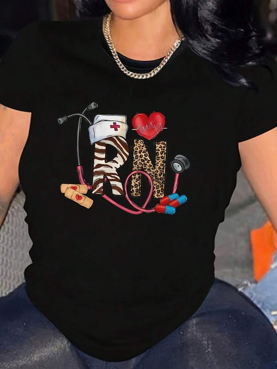 Camiseta de mujer 100% algodón, 1 pieza, con estampado de la letra RN, 95% spandex 5%, cuello redondo, manga corta, corte holgado, top de tela casual, adecuada para uso diario - Colección Primavera, Verano, Otoño Ropa Casual Diaria. - Negro - Ver 1