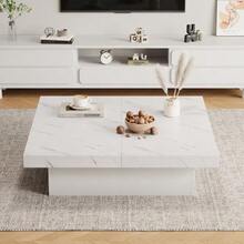 Modern White Square Coffee Table With Marble Look, 90 X 90 X 25 Cm – Four Drawers, Sliding Top, Load Capacity Up To 30 Kg. - White - View 5