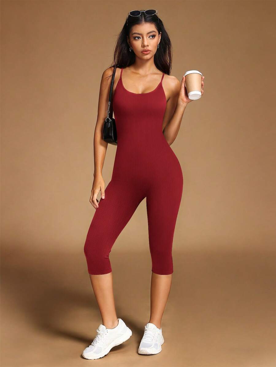 VVX Jumpsuit Capri Yoga Wanita, Leher Bulat, Tali Bahu Tipis, Tanpa Punggung, Pengontrol Perut, Pengangkat Bokong, Celana Pendek Olahraga Gym, Romper Tanpa Jahitan Bergaris