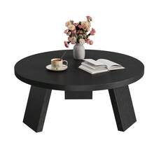 Mesa de centro redonda moderna para sala de estar – Acabado en madera negra grabada – Mesa central de 33,5" con patas inclinadas y resistentes – Ahorra espacio, fácil de montar – Mesa auxiliar de estilo vintage – Ideal para espacios pequeños - Negro 2 piezas - Ver 1