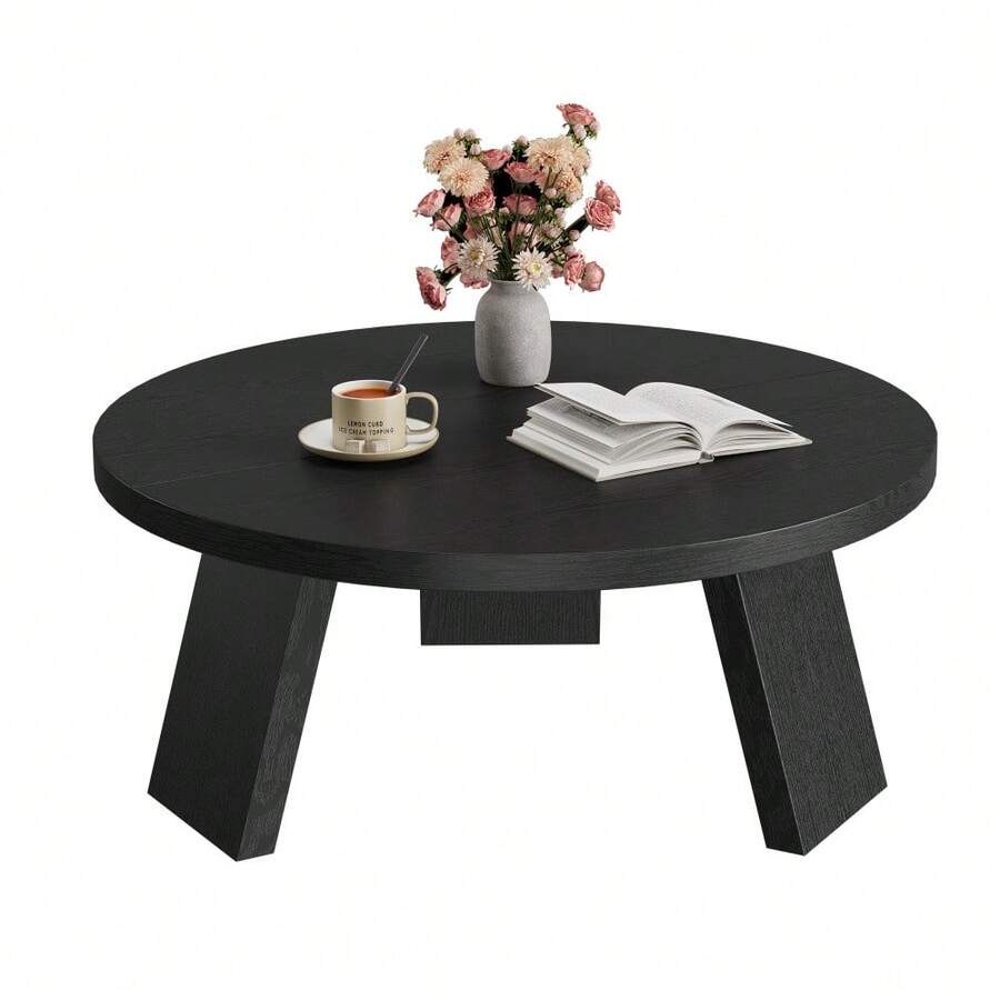 Mesa de centro redonda moderna para sala de estar – Acabado en madera negra grabada – Mesa central de 33,5" con patas inclinadas y resistentes – Ahorra espacio, fácil de montar – Mesa auxiliar de estilo vintage – Ideal para espacios pequeños - Negro 2 piezas - Ver 1