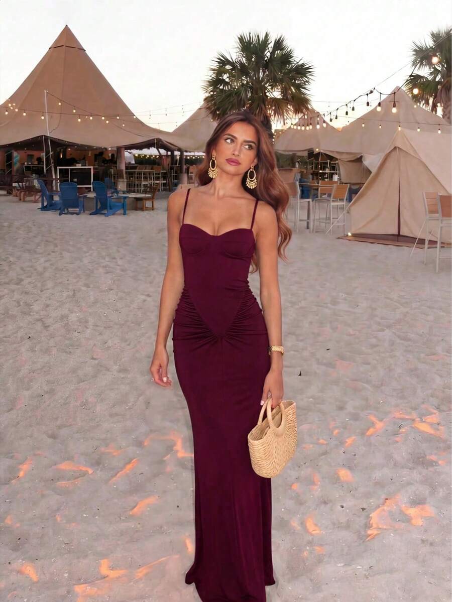 Women's Solid Color Knitted Ruched Vintage Elegant Vacation Dress - Burgundy - View 1