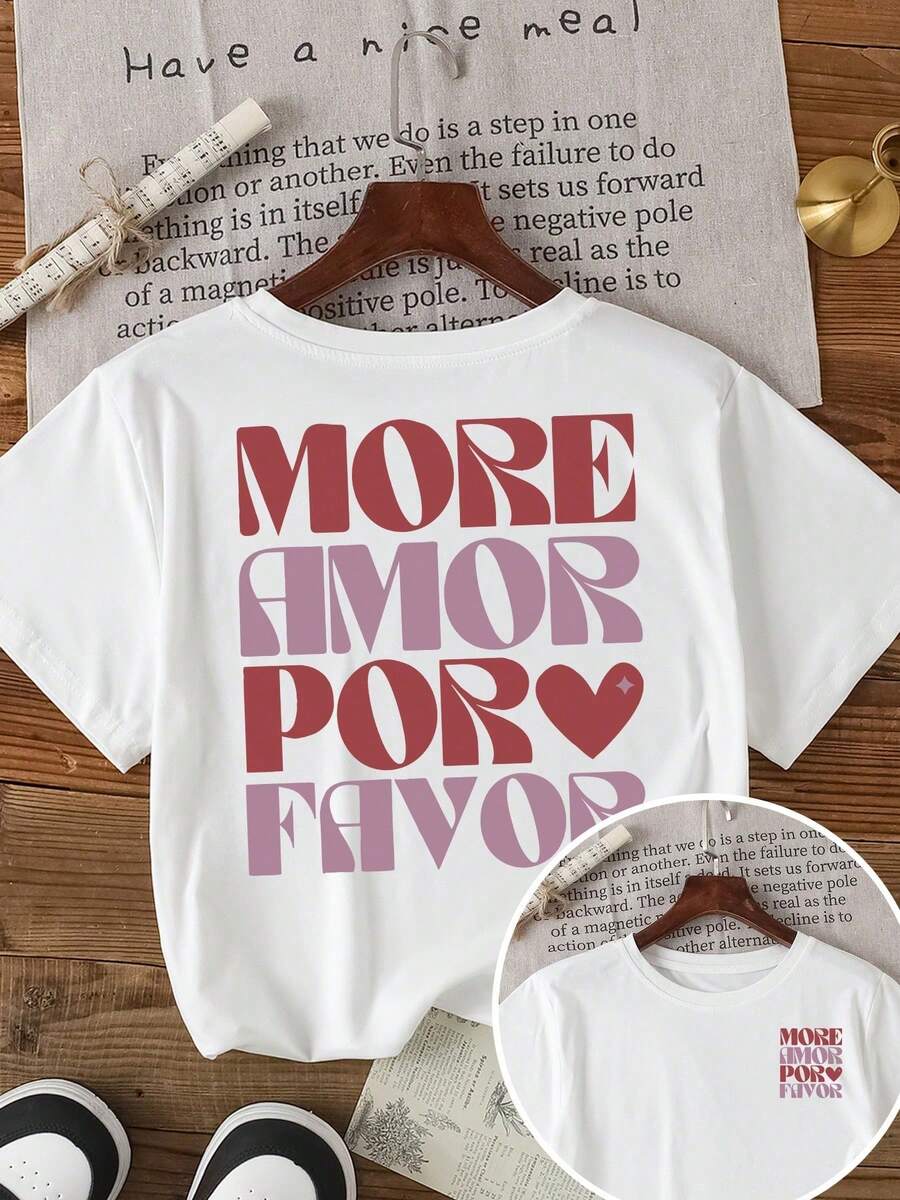 Áo thun nữ màu trắng 100% cotton cổ tròn tay ngắn in chữ "More Amor Por Favor" - trắng - Xem 1