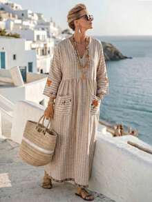 Vestido de playa informal de verano 2026 con estampado de rayas, cuello en V y suelto, tipo lino - Caqui - Ver 4