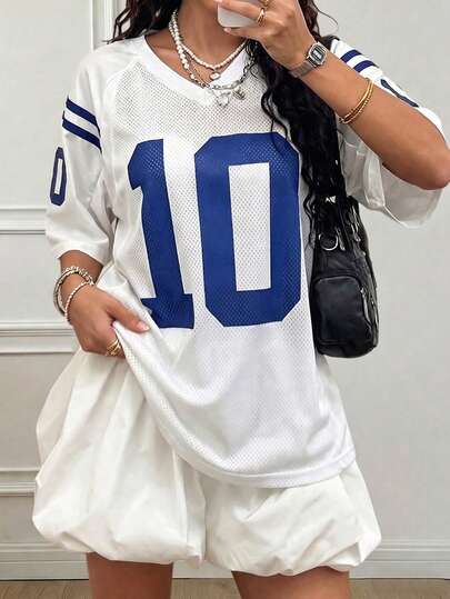 Women's Retro #10 Print V-Neck Mesh Loose Sports T-Shirt, Loose V-Neck Mesh Sports Shirt With Striped Cuffs