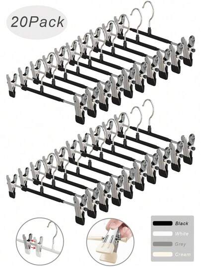 20Pcs Adjustable Hanger With Clips, Seamless And Anti-Slip Home Storage, Suitable For Pants, Skirts And Various Other Clothes. Integrated Hanger - Space-Saving Metal Hanger, Ensuring Clothes Are Neat And Orderly