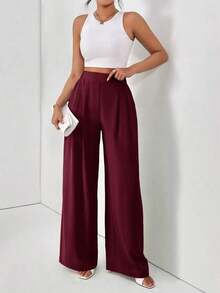 Pantalones básicos largos de mujer con pliegues plegados de unicolor y elegantes para el diario - Burdeos - Ver 3