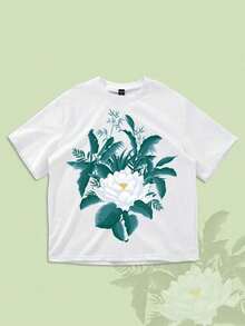 ROMWE MEN La Camiseta Deportiva Casual para Hombre "White Lotus", Diseño de Loto Blanco, Estilo Minimalista y Sencillo en General - Blanco - Ver 8