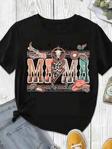 Mama T-Shirt For Mother's Day, Western Boho Print With Cow Skull And Flowers, Black Casual Clothing For Spring Summer - 黑色 - 查看 3