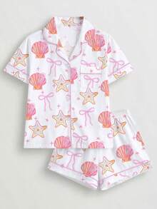 2pcs/Set Spring/Summer Women's Pajama Set, Ocean Element Bow Print Romantic Gift, Comfortable Shirt Collar Short Sleeve Top And Elastic Waist Shorts, Sleepwear For Parties, Casual Outdoor And Home Wear - 白色 - 查看 1