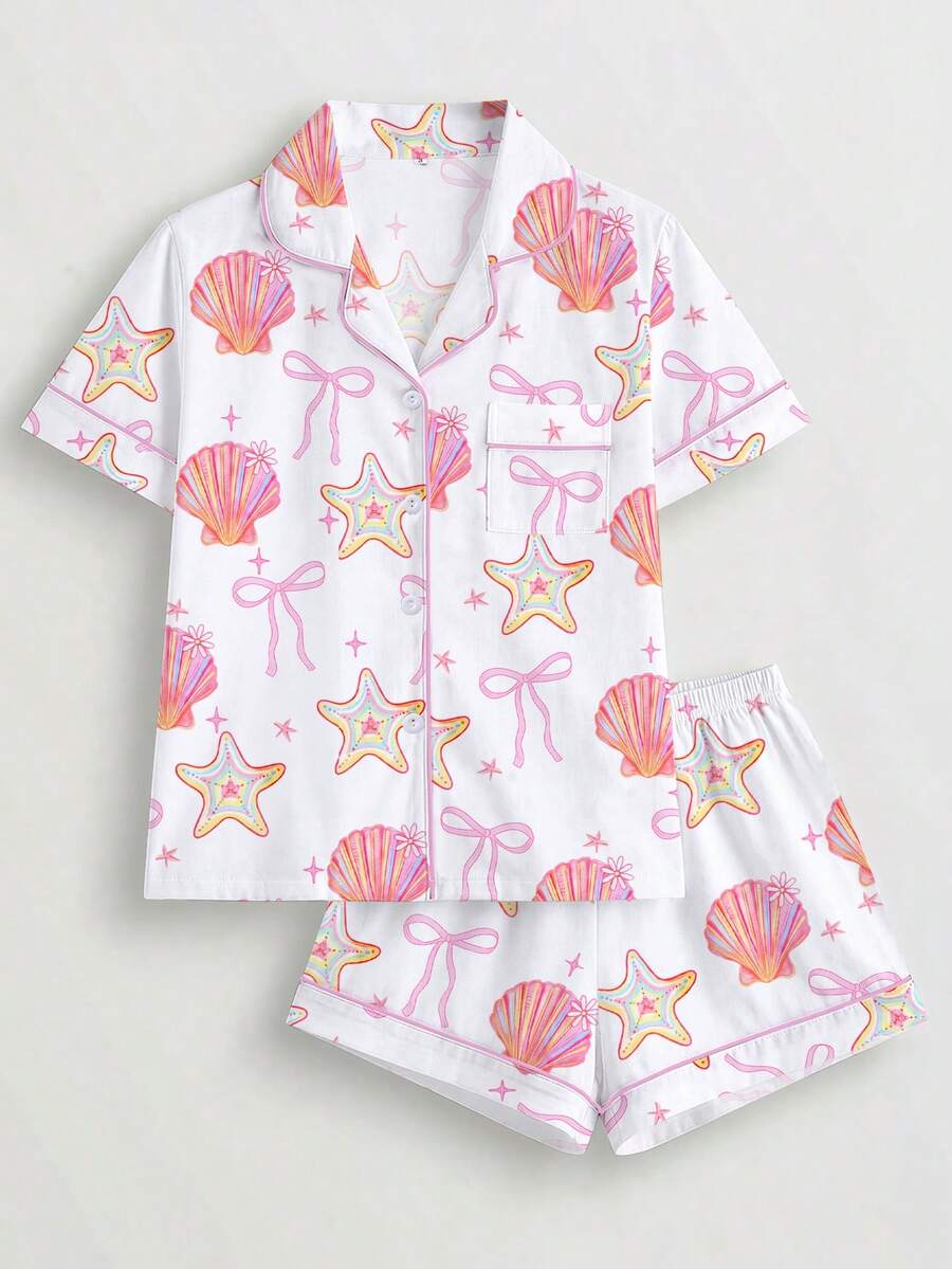 2pcs/Set Spring/Summer Women's Pajama Set, Ocean Element Bow Print Romantic Gift, Comfortable Shirt Collar Short Sleeve Top And Elastic Waist Shorts, Sleepwear For Parties, Casual Outdoor And Home Wear - 白色 - 查看 1