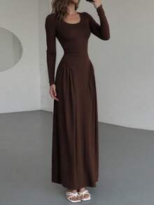 New Autumn Winter Collection Solid Color Dress French Style U-Neck Long Sleeve Dress With Ties Fitted Waist Elegant Sophisticated European Fashion For Women - 咖啡 - 查看 11