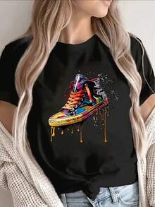 Camiseta de manga corta 100% algodón suave con estampado de zapatillas coloridas, ropa casual para el hogar, la oficina o salidas, diseño ligero y duradero, gráfico artístico vibrante para la moda diaria. Camiseta de algodón transpirable, combina con todo. - Negro - Ver 8