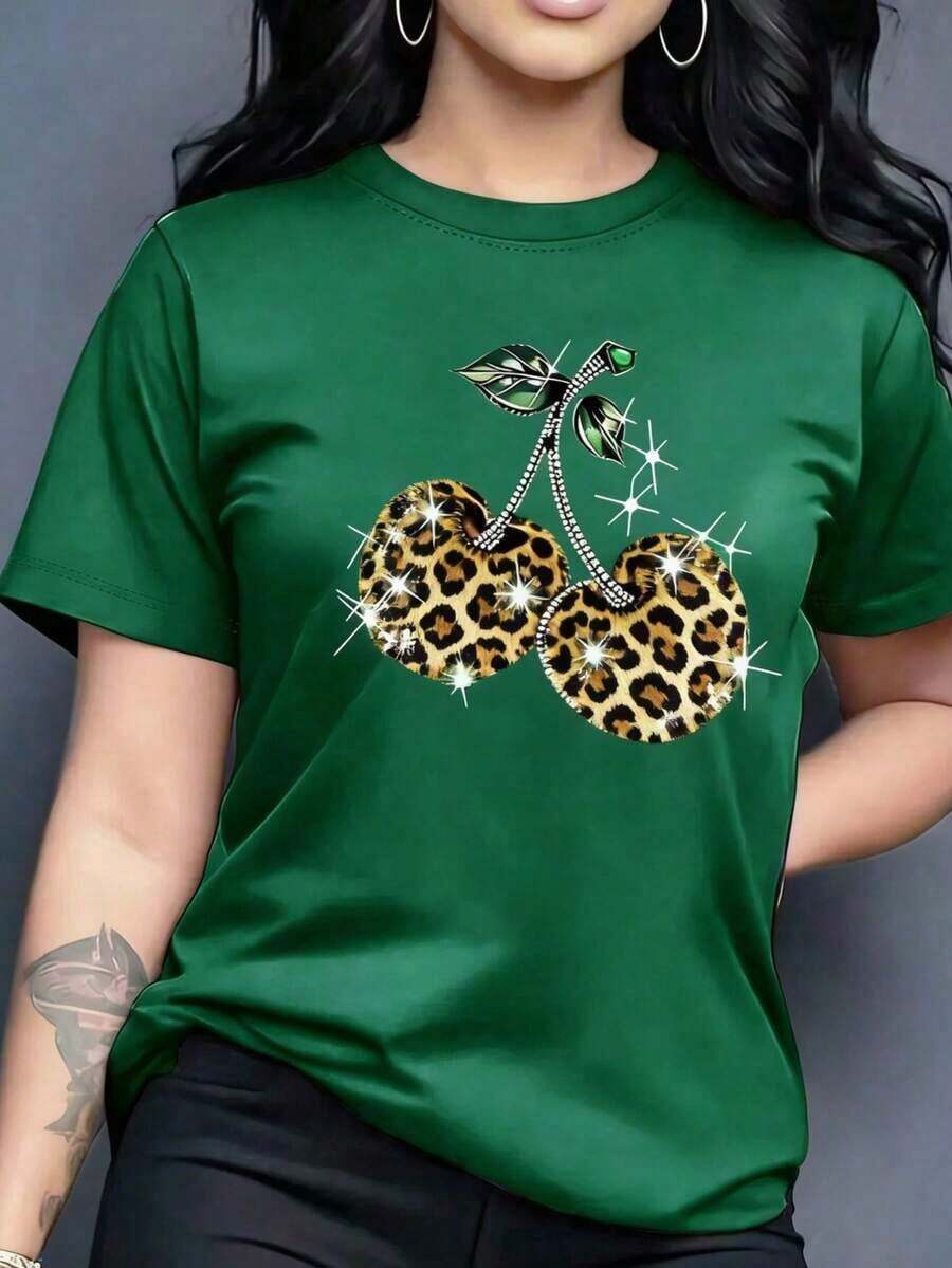 Playera básica mujer dama cuello redondo manga corta estampado GRAFICO DE FRUTAS CEREZA CEREZAS CHERRY CHERRIES BRILLANTE GRAPHIC Textura Suave Fortiz-Vintage Street Style Unisexoose Cotton Short Sleeve Crew Neck T-Shirt - Verde - Ver 1