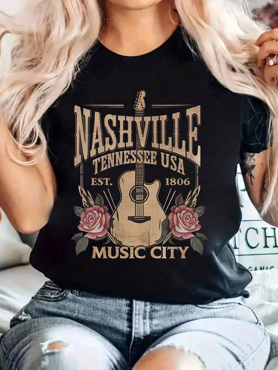 Camiseta oversize negra de verano para mujer con estampado "Nashville Music City" y guitarra Playera holgada de cuello redondo con diseño de guitarra vintage y rosas - YH517 - Negro - Ver 1