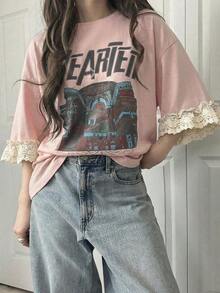 Camiseta de manga corta para mujer con ajuste holgado, estampado de letras, parches de encaje, de algodón transpirable, versátil para primavera/verano, camisetas gráficas oversize para mujer - Rosa - Ver 12