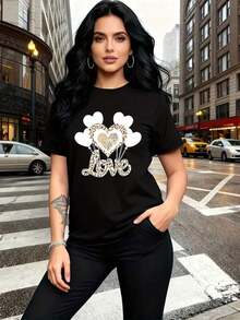 Breathable, Soft, And Versatile, This Women's Short-Sleeved, Round-Neck T-Shirt Features A Heart-Shaped Balloon Print In Black And A Leopard Print. Modern And Casual, It's Easy And Versatile For Leisure, Travel, And Vacations. 13419 Casual Fashion, Round Neck T-Shirt, Women's Warm Clothing - 黑色 - 查看 2