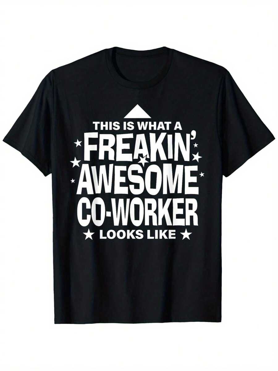 Funny T-Shirt To Give To A Coworker - "This Is What An Awesome Coworker Looks Like" With Bold White Lettering And Star Design - Black Short Sleeve T-Shirt, Loose Fit, Unisex, For Office Parties, For Men And Women, To Strengthen Team Bonds, Humorous Workwear For Coworkers - 黑色 - 查看 1