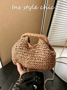 Fashionable Woven Straw Handbag, Elegant For Vacation And Travel, Stylish Top Handle Tote Bag, Khaki Color, Lightweight Zipper Pocket, Straw Bag ,Beach Bag - Khaki - View 8
