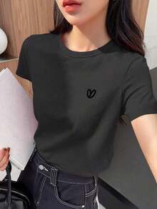 Y2K Style, Modern Style, The Newest Of 2026, Cute Style, Casual Style. Women's Loose-Fitting Casual Summer T-Shirt With Embroidered Heart And Letter Pattern, Red, 180g (S-XXXL) - 深灰色 - 查看 6