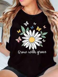 Camiseta de Cuello Redondo para Mujer con Estampado de Margaritas y Mariposas, Texto 'Grow With Grace', Top Gráfico Casual de Verano, 220g - Negro - Ver 1