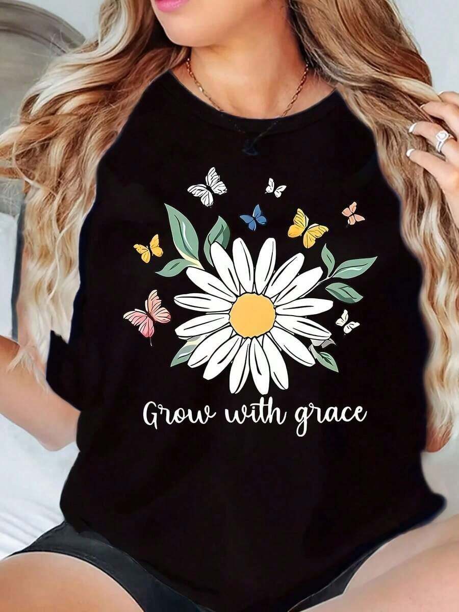 Camiseta de Cuello Redondo para Mujer con Estampado de Margaritas y Mariposas, Texto 'Grow With Grace', Top Gráfico Casual de Verano, 220g - Negro - Ver 1