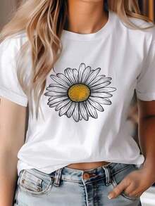 Camiseta casual de primavera/verano para mujer, de manga corta y cuello redondo, con estampado de margaritas blancas en el centro y centro de flor amarilla.Hecho de tela transpirable y lavable, adecuado para comodidad durante todo el año. - Blanco - Ver 1