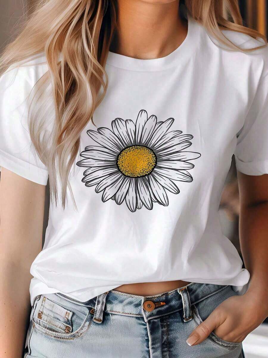 Camiseta casual de primavera/verano para mujer, de manga corta y cuello redondo, con estampado de margaritas blancas en el centro y centro de flor amarilla.Hecho de tela transpirable y lavable, adecuado para comodidad durante todo el año. - Blanco - Ver 1