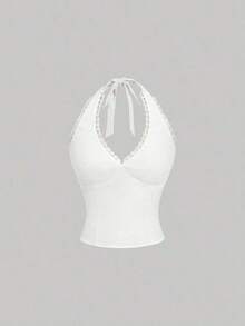 Blusa de unicolor con cuello halter y cordón, ajustada y versátil para uso casual, verano, vacaciones, estilo retro, vintage, campo, salidas, picnic, linda, color amarillo - Blanco - Ver 3