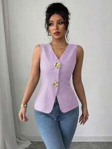 Blusa exterior con cuello en V ajustada con decoración de botones dorados con rosas - Morado - Ver 6