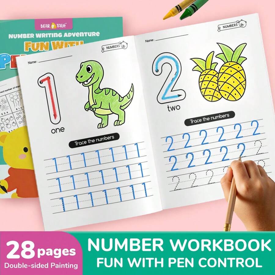 beartale 28頁幼兒練習本套裝，包含字母與數字2大主題，筆觸控制訓練本，早期學習教育，可重複使用魔力書法寫字貼，教學輔助工具，兒童早期教育玩具，蒙特梭利玩具，學習用品，教室玩具，兒童遊戲，學生，文具，小學用品，男孩，女孩，兒童生日禮物，開學禮物
