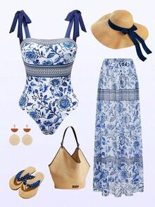 Swim Oasis Conjunto de traje de baño de una pieza con estampado floral y pareo a juego, estilo BOHO para vacaciones de primavera/verano - Multicolor - Ver 11