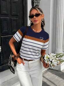 Camiseta holgada de cuello redondo y manga corta de estilo minimalista casual para mujer, con estampado de rayas, conjunto de ocio para mujer - Multicolor - Ver 6