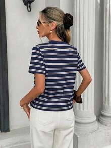 Camiseta holgada de cuello redondo y manga corta de estilo minimalista casual para mujer, con estampado de rayas, conjunto de ocio para mujer - Multicolor 5 - Ver 3