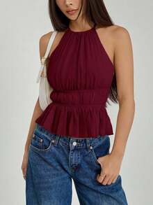 Top sin espalda con cuello de halter y cintura anudada con pliegues para mujer - Burdeos 2 - Ver 9