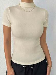 Camiseta negra de manga corta, ajustada, de cuello alto y unicolor, para uso diario y casual en verano - Albaricoque - Ver 2