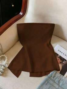 Nueva Moda Primavera/Verano Sexy Blusa Bandeau con Abertura, Cintura Suave Fruncida y Estampado de Lunares Blancos - Marrón - Ver 2
