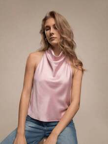 Blusa de mujer de nuevo verano de unicolor y sexy con espalda descubierta y hombros descubiertos, adecuada para citas y fiestas - Rosa Pálido - Ver 4