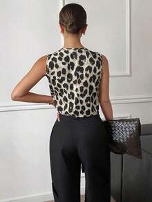 Camisa casual sin mangas con nudo delantero y estampado de leopardo para mujer - Albaricoque - Ver 2