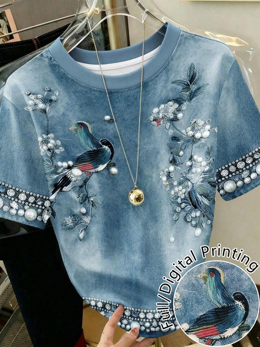 Camiseta de mujer de estilo chino con estampado digital, camiseta de cuello redondo vintage de denim azul con flores y pájaros, camiseta de mujer con estampado digital de flores y pájaros orientales, top casual de verano de cuello redondo - Multicolor - Ver 1