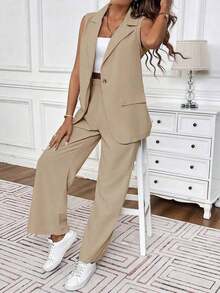 Traje de negocios informal para mujer con chaleco de unicolor y pantalón largo de verano - Caqui - Ver 4