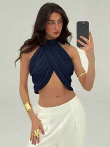 Blusa elegante y sexy para mujer con cuello cruzado, fruncido en la espalda y botones, de estilo casual y de vacaciones, de gasa - Azul marino - Ver 6