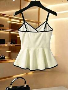 Camisa con botones, volantes y cinturón de unicolor negro y blanco con ribete en contraste, camiseta de tirantes, blusa, adecuada para uso diario, minimalista y elegante, para ir al trabajo, verano - Amarillo - Ver 2