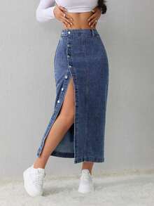 Tall Falda vaquera de mujer, casual, suelta, con abertura lateral, falda midi azul, falda larga para mujeres, falda azul claro, falda azul, ropa de invierno para mujer - Azul lavado oscuro - Ver 7