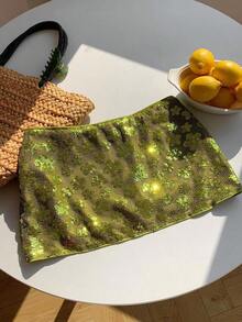Falda corta de verano informal para mujer con cintura baja de unicolor - Albaricoque - Ver 2