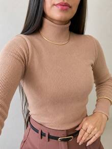 Women's Plush Ribbed Blouse Long Sleeve High Neck Basic Casual Modern Thermic Black S,M,L,XL - 米色 - 查看 1