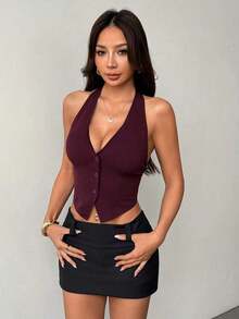 Top sin mangas de verano de color liso con escote en la espalda y cuello colgante para damas - Rojo violeta - Ver 1