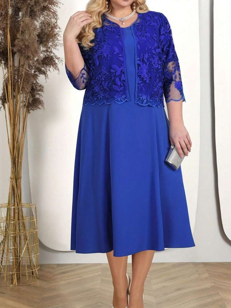 Vestido cóctel de dos piezas con encaje bordado combinado, nueva colección primavera-verano para mujer de talla grande - Azul - Ver 1