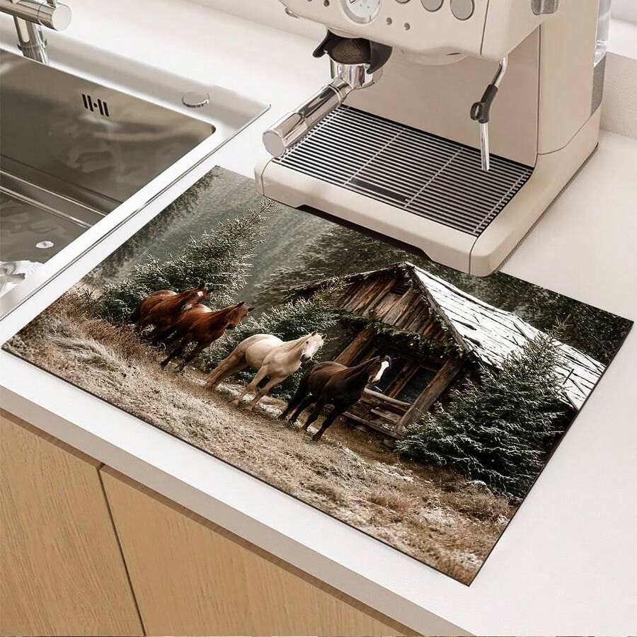 1pc Vintage Tree House Print Absorbent Mat/Dish Drying Mat - Polyester Absorbent Desktop Protective Mat With Rubber Anti-Slip Pad, For Kitchen Counter Decor, Home Bar And Dining Table - Multicolor - View 1